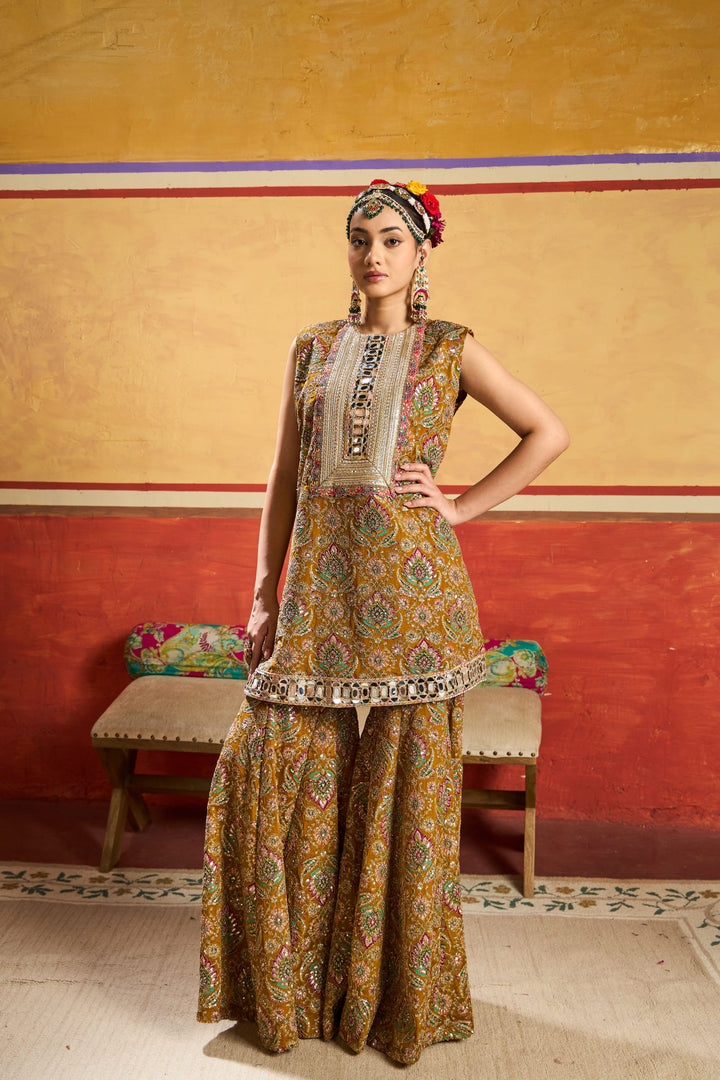 Elizey Paisley Embroidered Sleeveless Sharara Set - Yellow