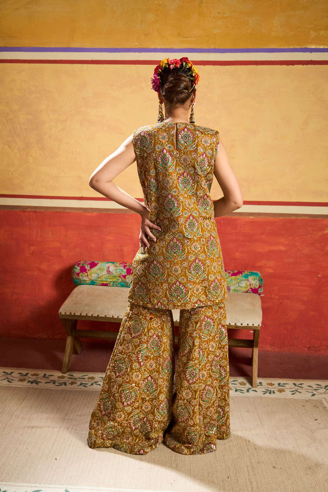 Elizey Paisley Embroidered Sleeveless Sharara Set - Yellow
