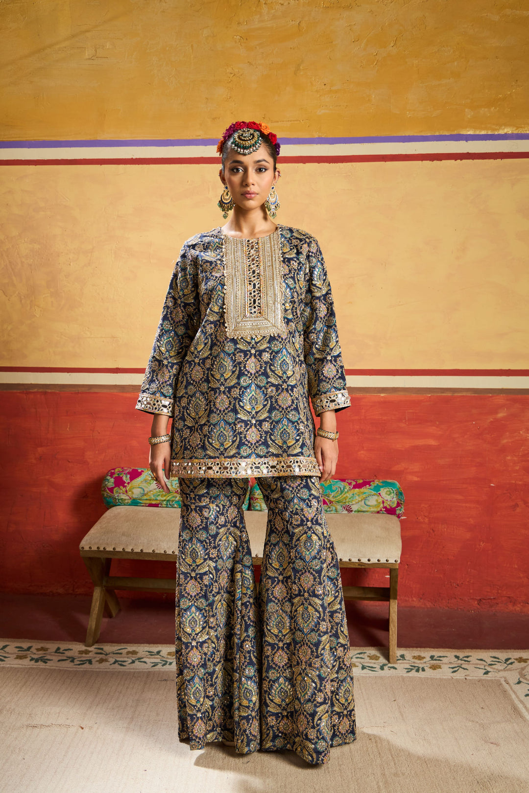 Elizey Paisley Embroidered Sharara Set - Ink Blue