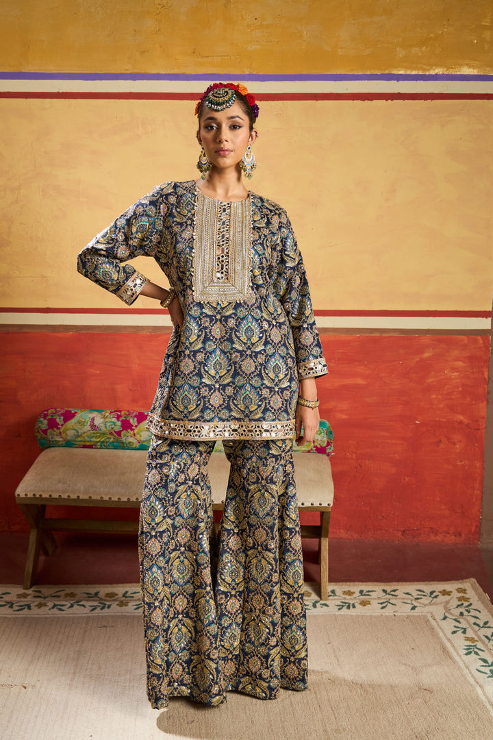Elizey Paisley Embroidered Sharara Set - Ink Blue