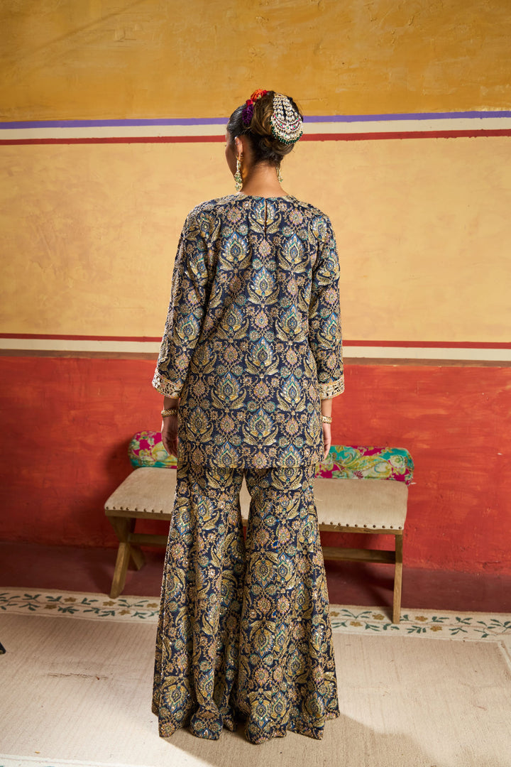 Elizey Paisley Embroidered Sharara Set - Ink Blue