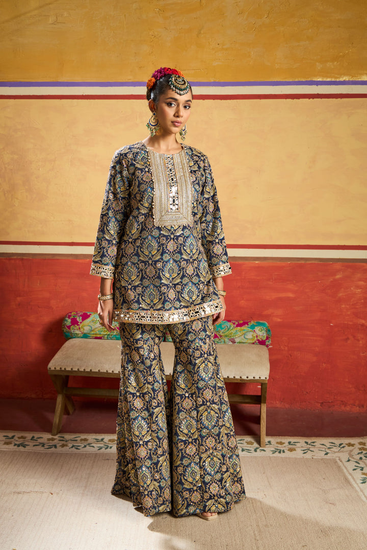 Elizey Paisley Embroidered Sharara Set - Ink Blue