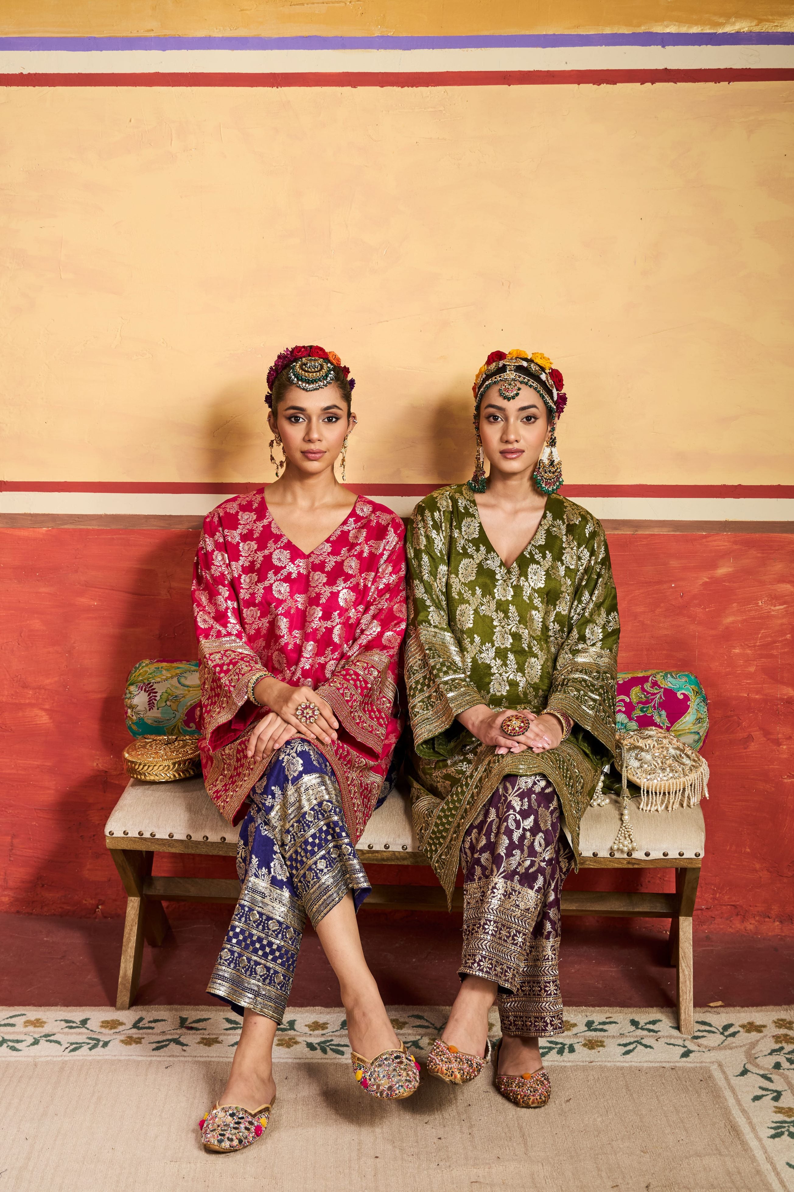 Banarasi Begum Tunic Set - Green and Purple