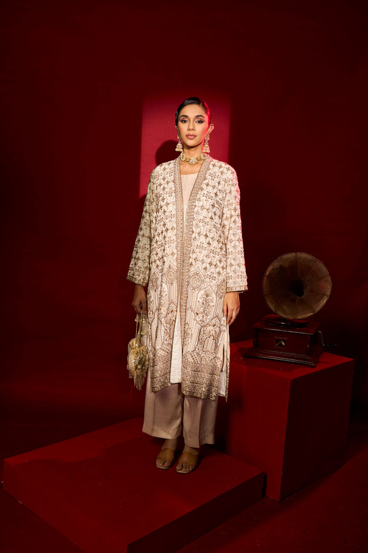 Inaaya Embroidered Long Jacket With Pant - Nude