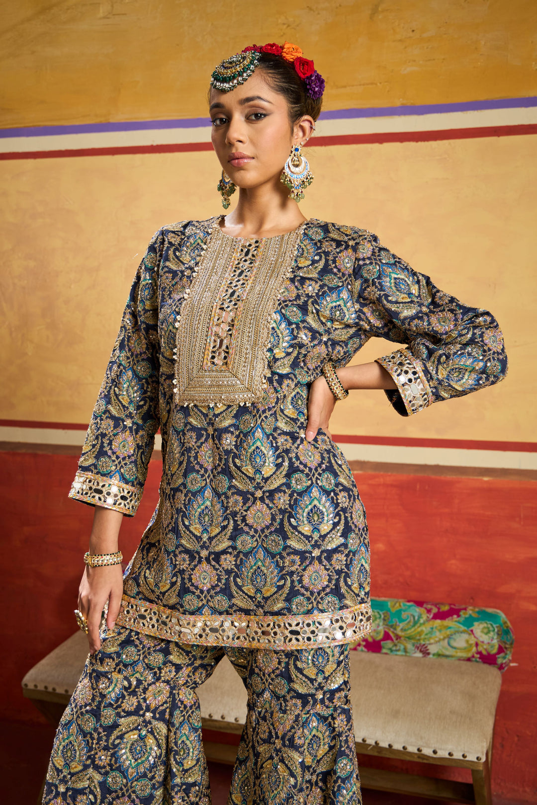 Elizey Paisley Embroidered Sharara Set - Ink Blue