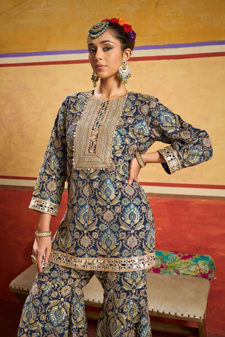 Elizey Paisley Embroidered Sharara Set - Ink Blue