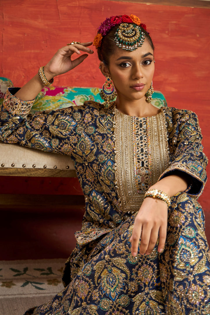 Elizey Paisley Embroidered Sharara Set - Ink Blue