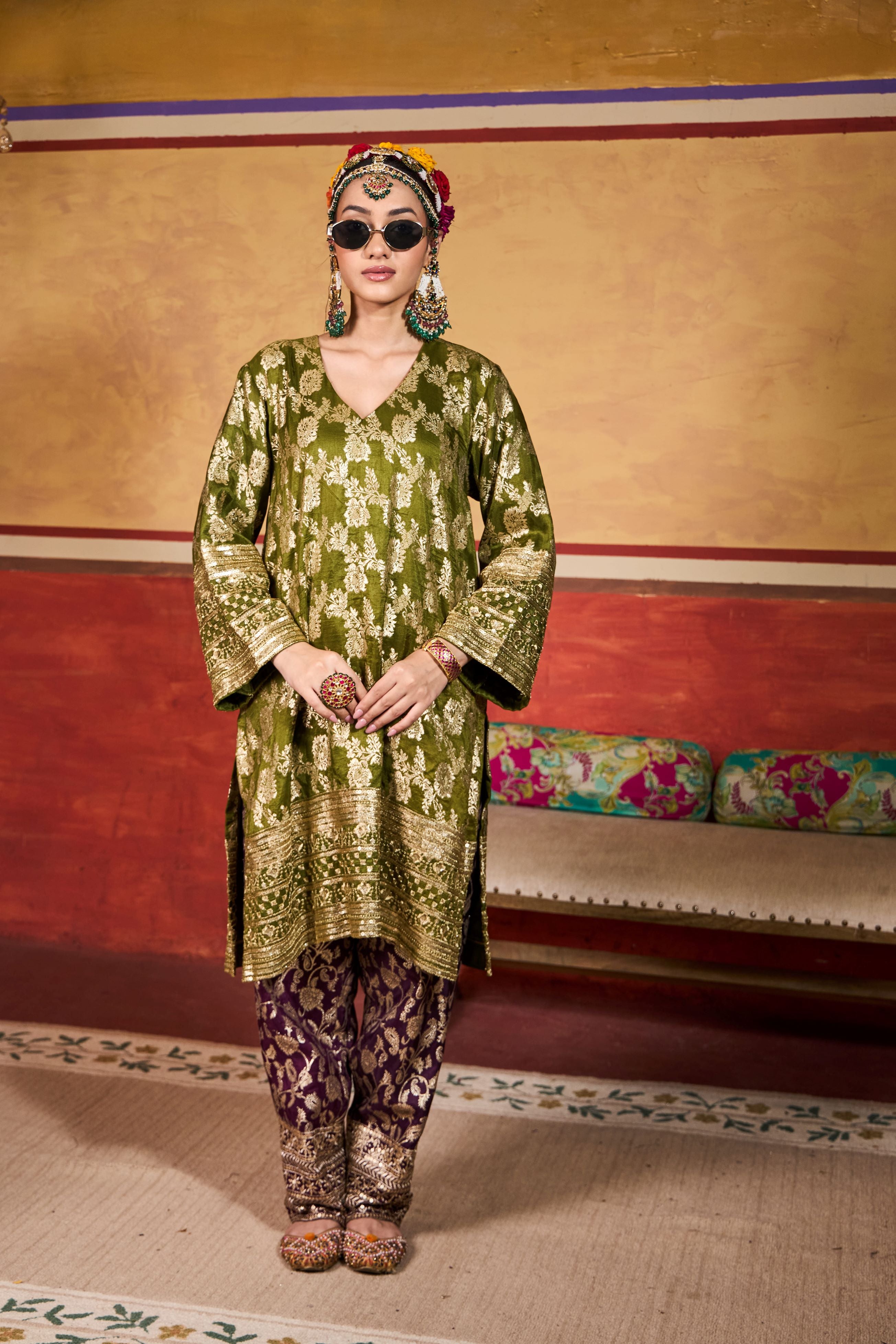 Banarasi Begum Tunic Set - Green and Purple