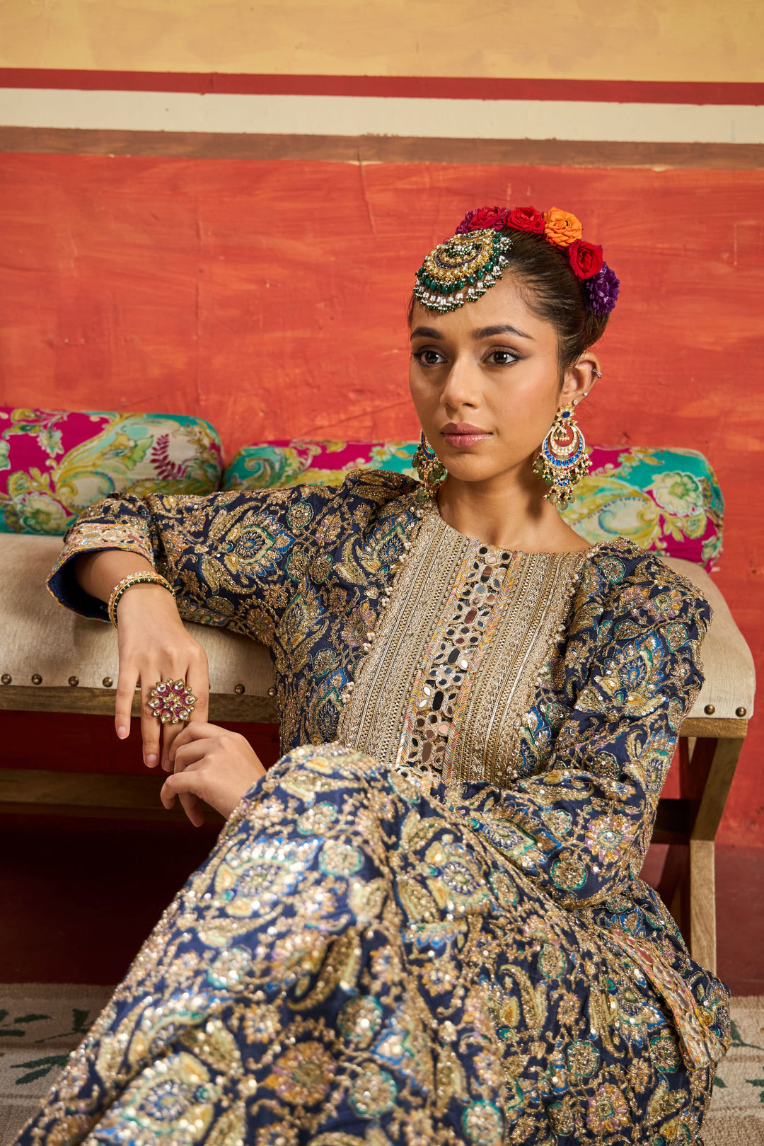 Elizey Paisley Embroidered Sharara Set - Ink Blue