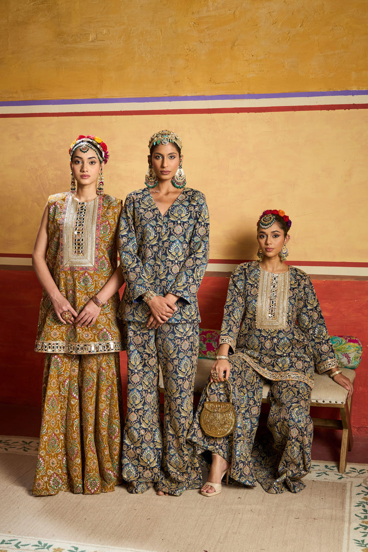 Elizey Paisley Embroidered Sleeveless Sharara Set - Yellow