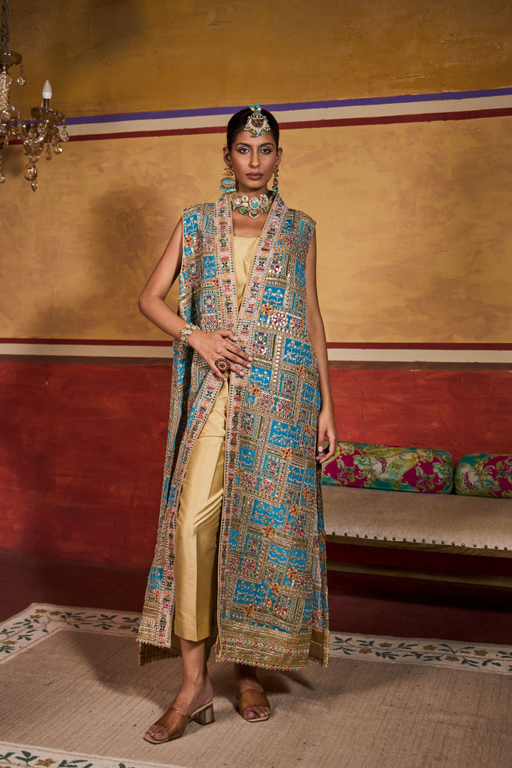 Elizey Paisley Sleeveless Jacket Set - Blue Yellow