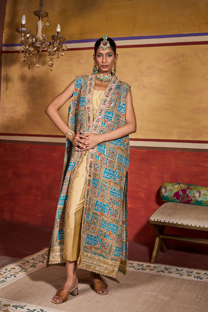 Elizey Paisley Sleeveless Jacket Set - Blue Yellow