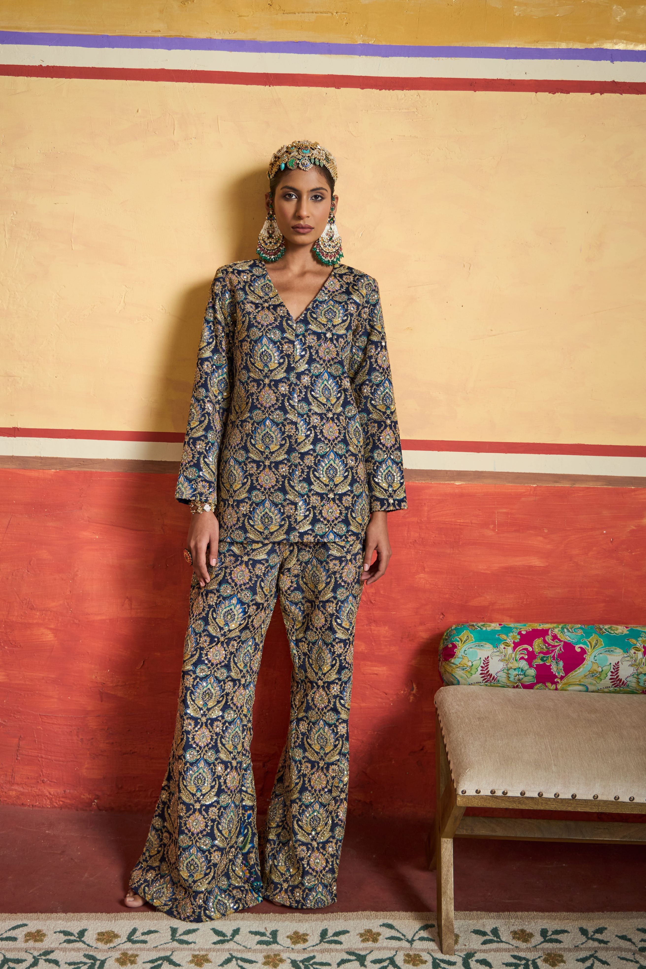 Elizey Paisley Embroidered Power Suit - Ink Blue