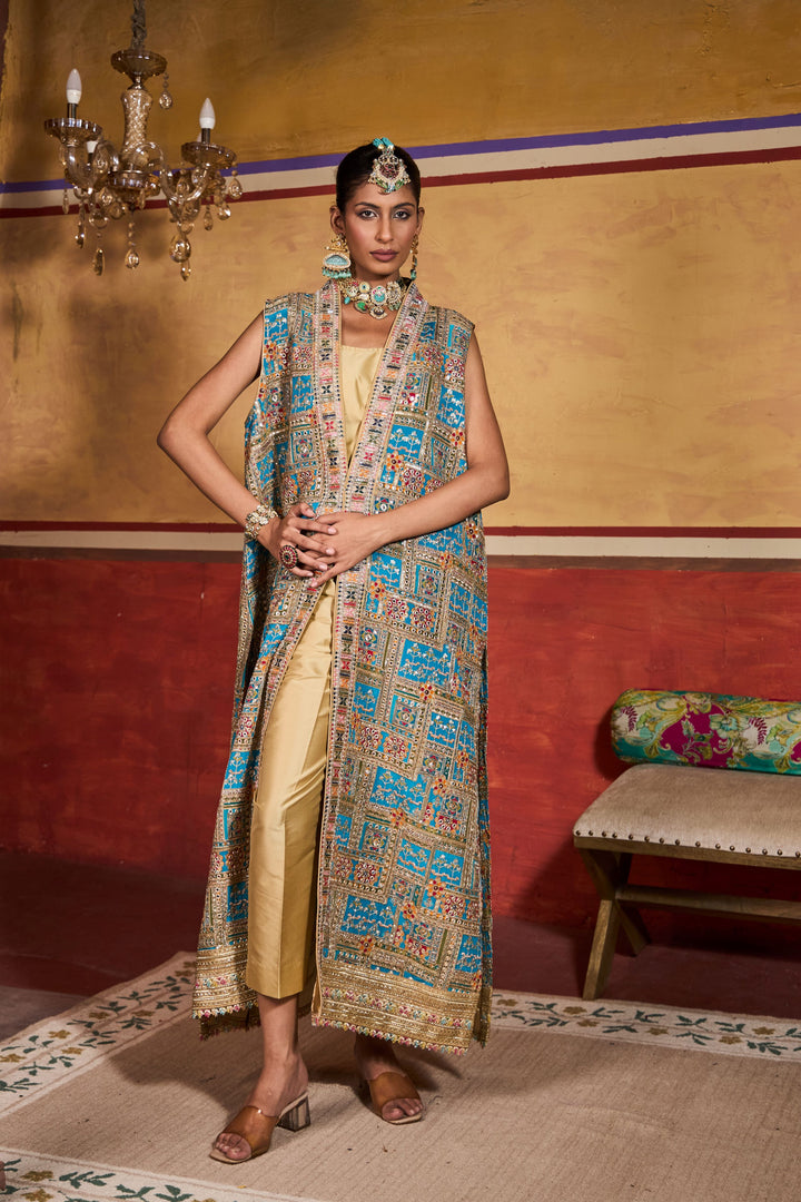 Elizey Paisley Sleeveless Jacket Set - Blue Yellow