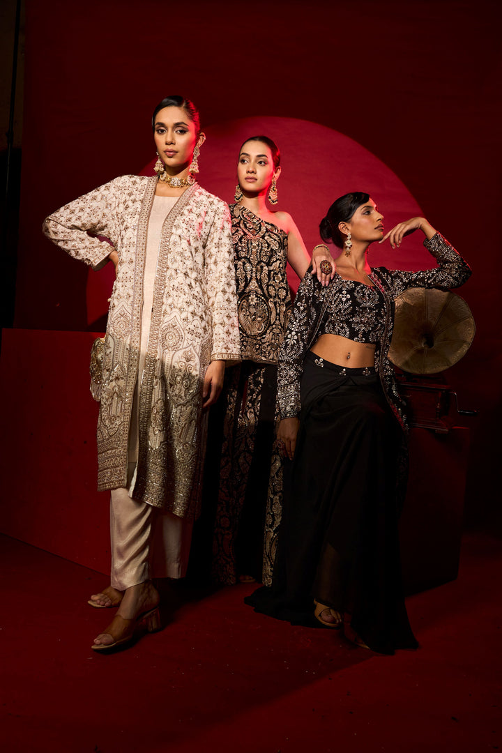 MW Inaaya Embroidered Long Jacket With Bustier and Skirt - Black