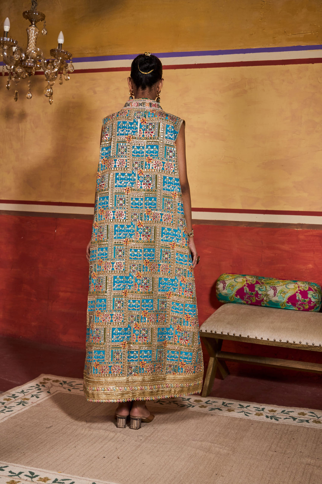 Elizey Paisley Sleeveless Jacket Set - Blue Yellow