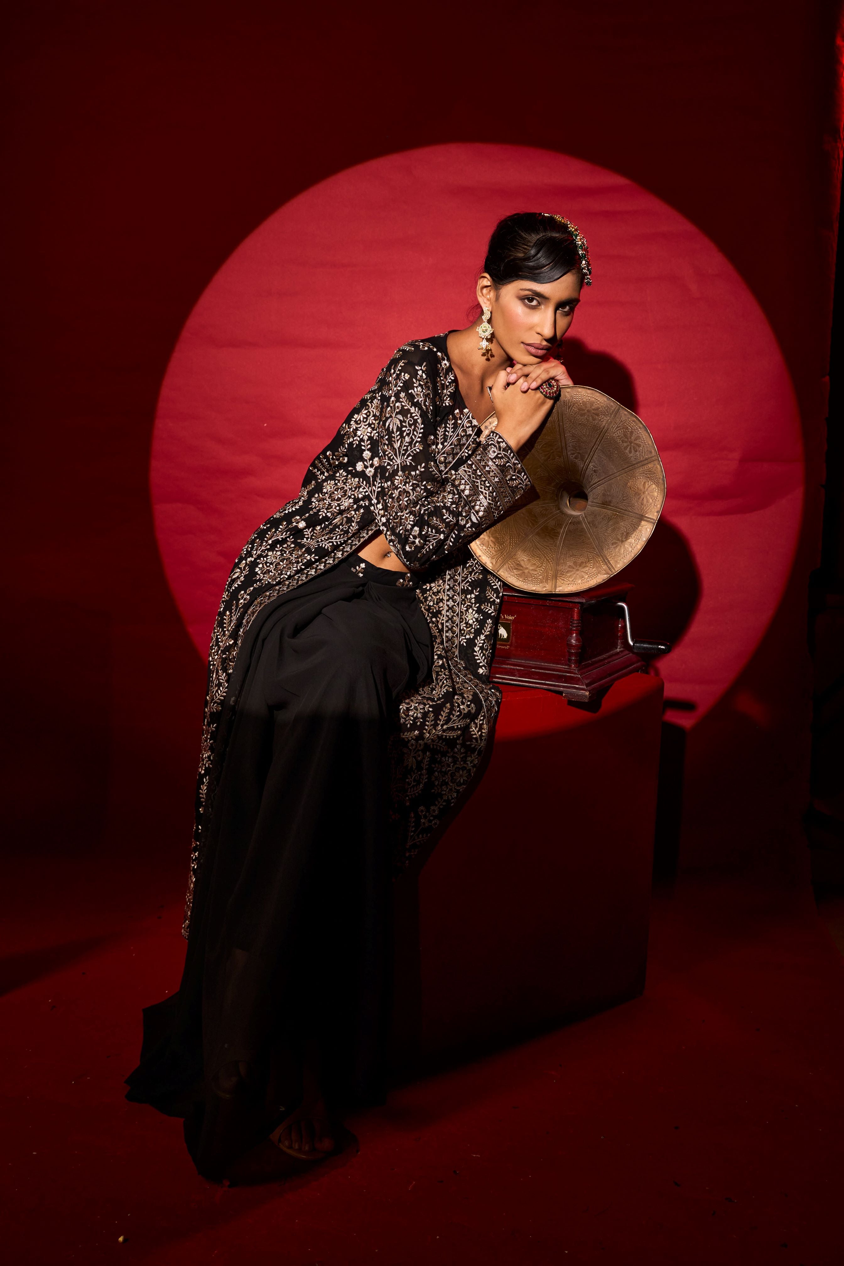 MW Inaaya Embroidered Long Jacket With Bustier and Skirt - Black