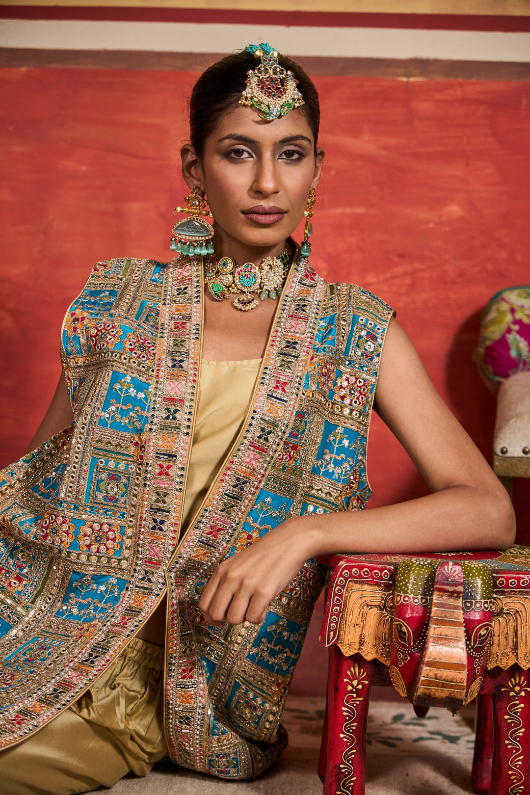 Elizey Paisley Sleeveless Jacket Set - Blue Yellow