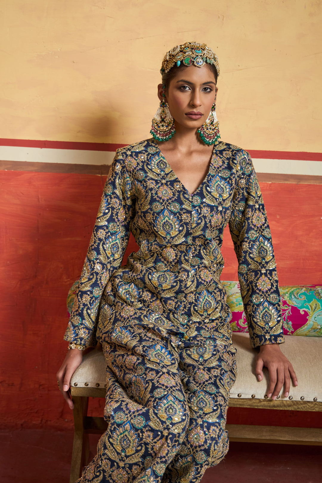 Elizey Paisley Embroidered Power Suit - Ink Blue