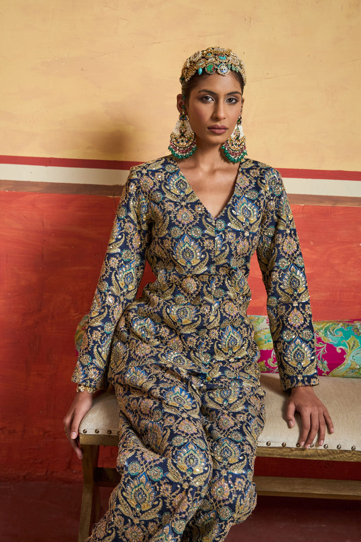 Elizey Paisley Embroidered Power Suit - Ink Blue
