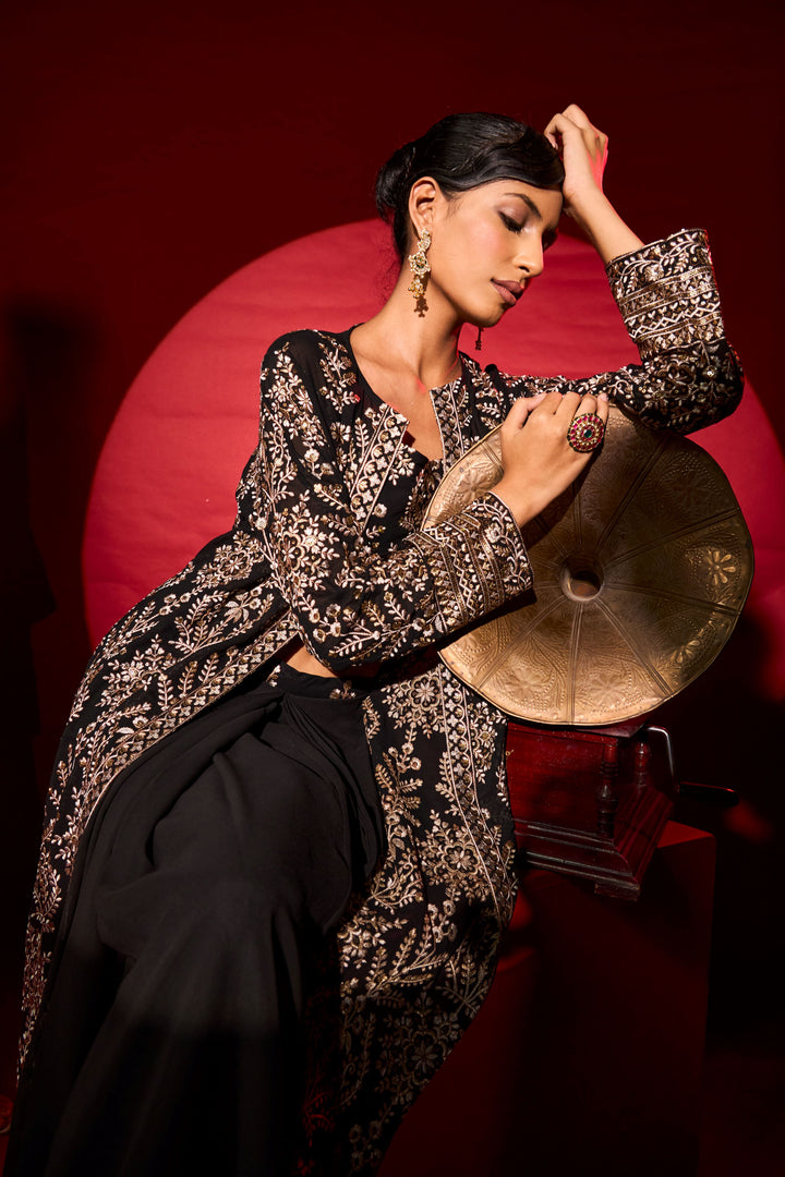 MW Inaaya Embroidered Long Jacket With Bustier and Skirt - Black
