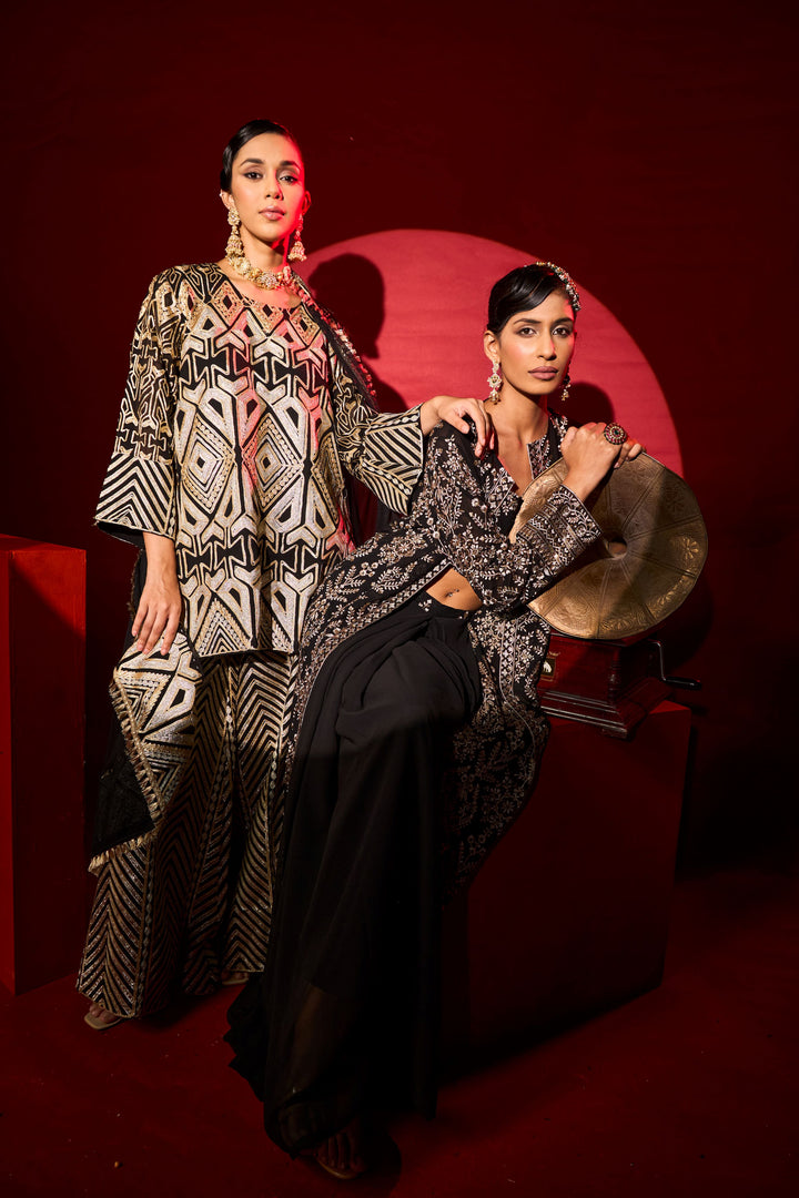 MW Inaaya Embroidered Long Jacket With Bustier and Skirt - Black