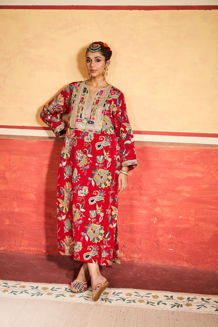 Elizey Paisley Embroidered Kaftan - Red