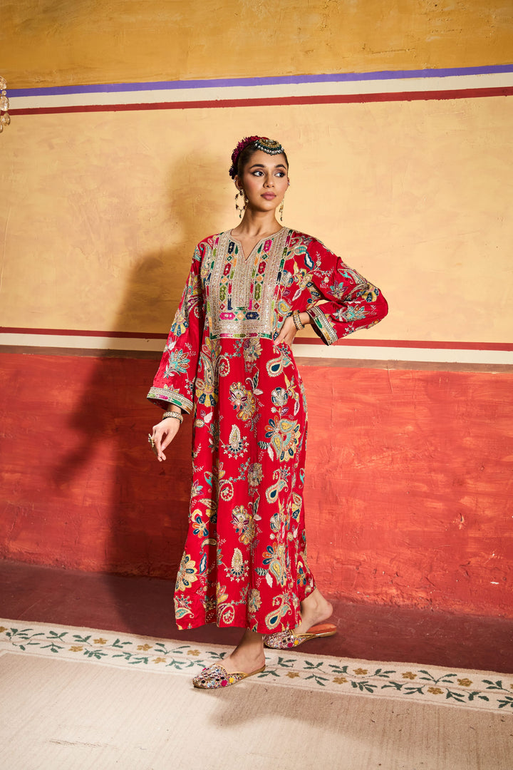 Elizey Paisley Embroidered Kaftan - Red