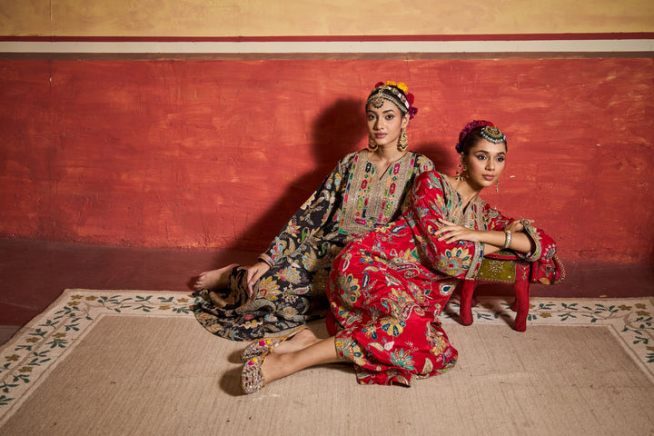 Elizey Paisley Embroidered Kaftan - Red