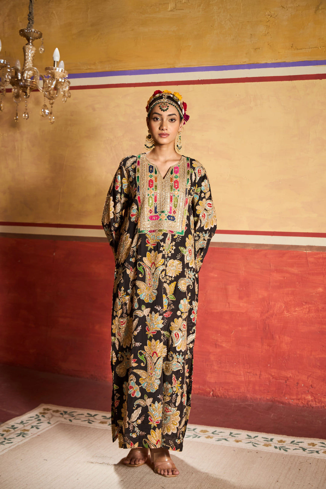 Elizey Paisley Embroidered Kaftan - Black