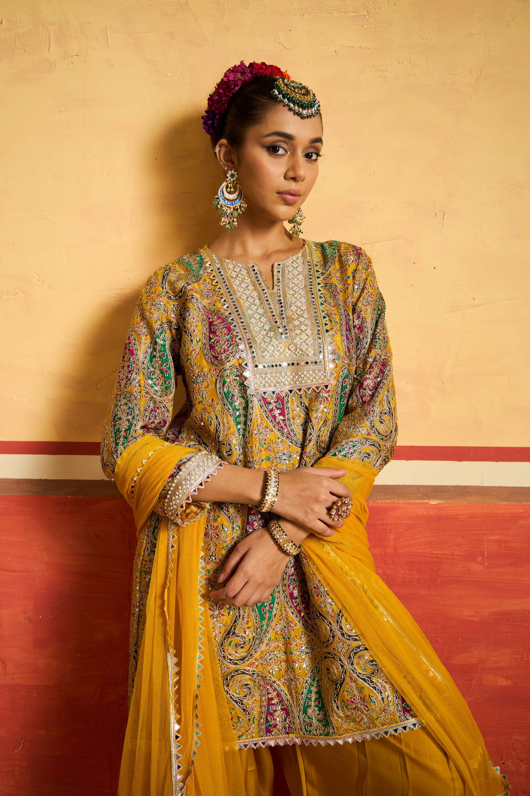 Elizey Paisley Embroidered Kurta Set - Yellow