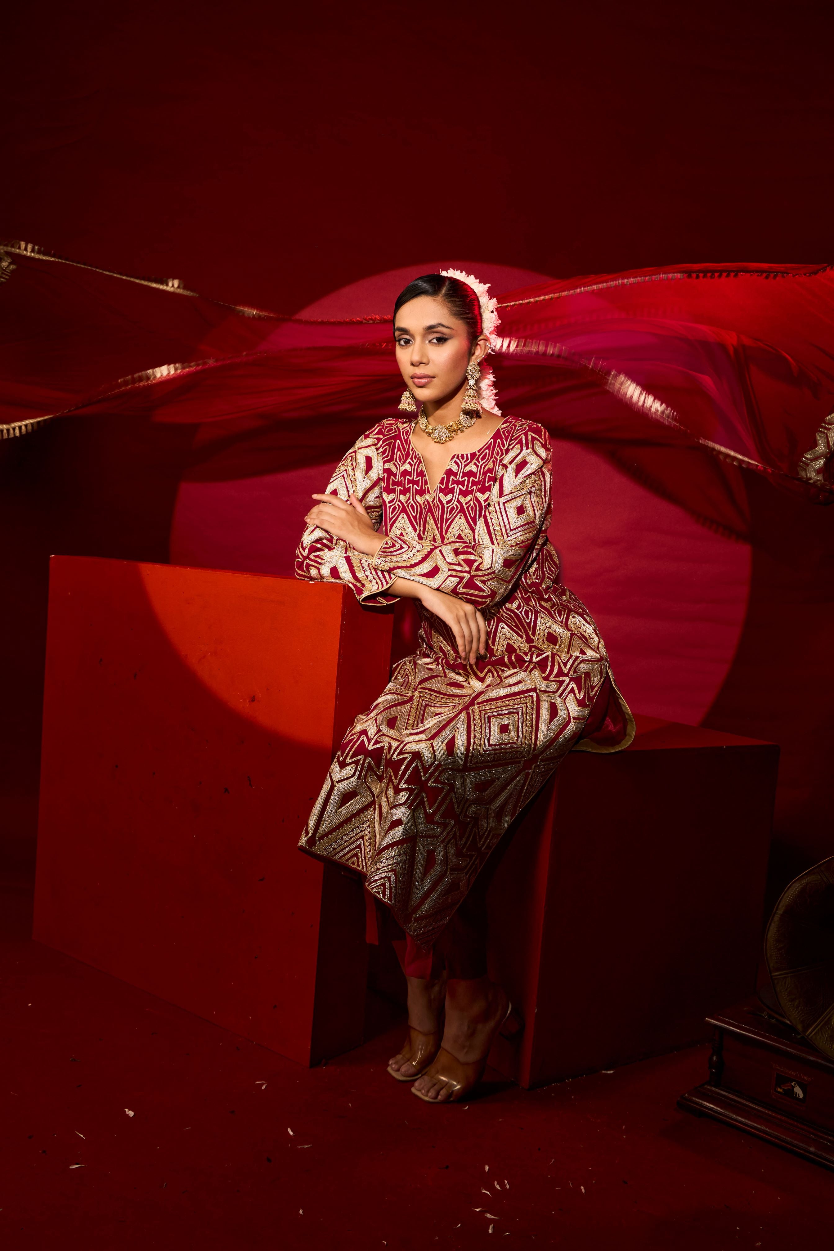 Gulnaaz Gota Kurta Set - Red