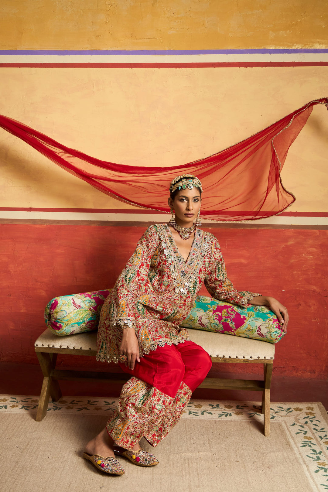 Elizey Paisley Embroidered Kurta Set - Red