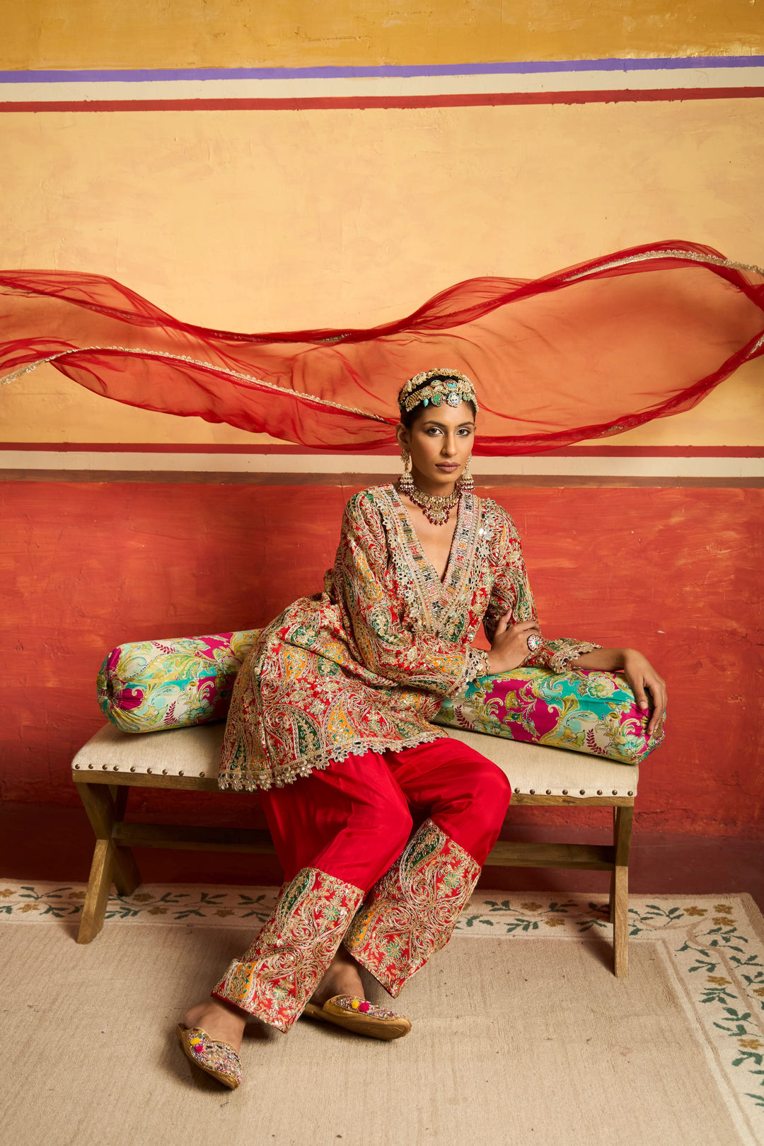 Elizey Paisley Embroidered Kurta Set - Red