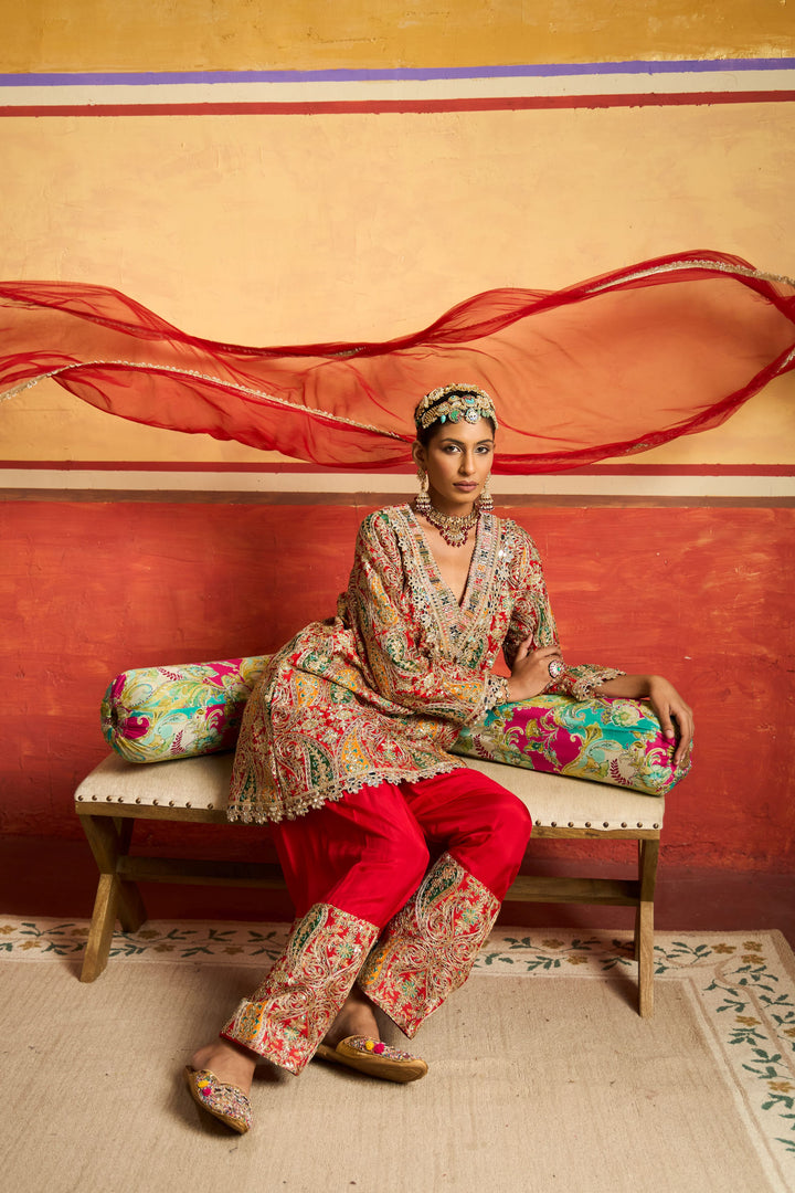 Elizey Paisley Embroidered Kurta Set - Red