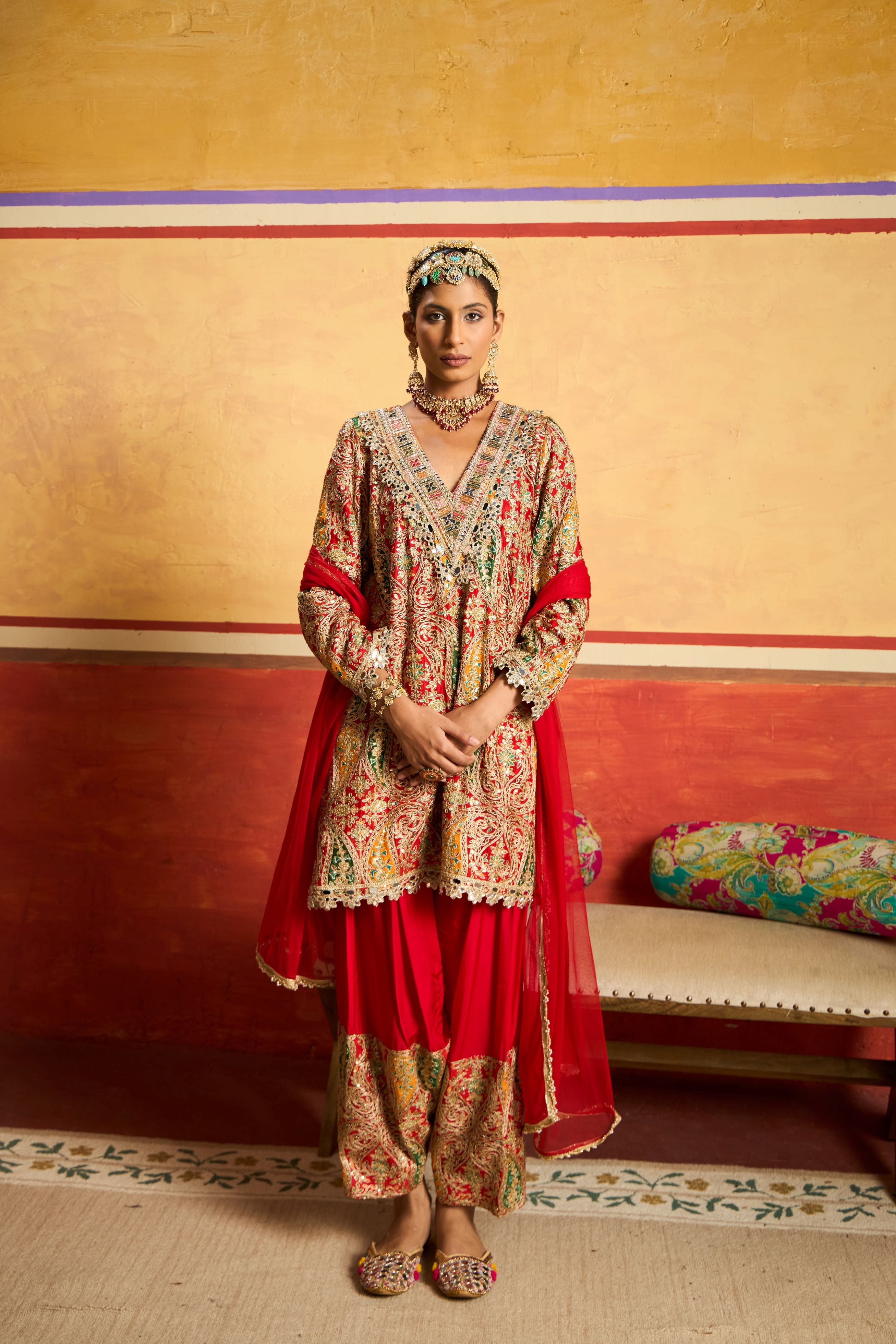 Elizey Paisley Embroidered Kurta Set With Dupatta - Red