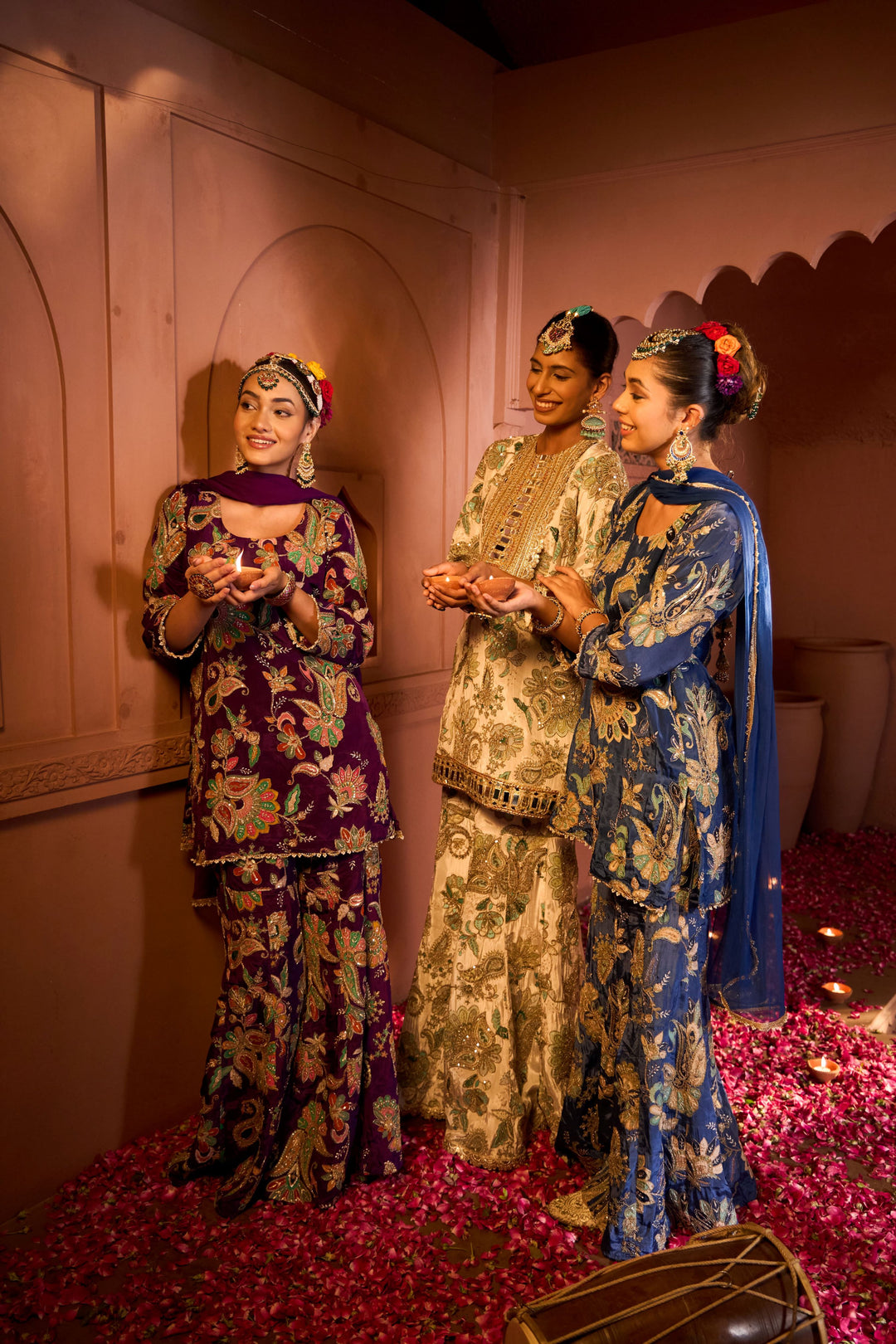 Elizey Paisley Embroidered Sharara Set with Chunni - Ink Blue