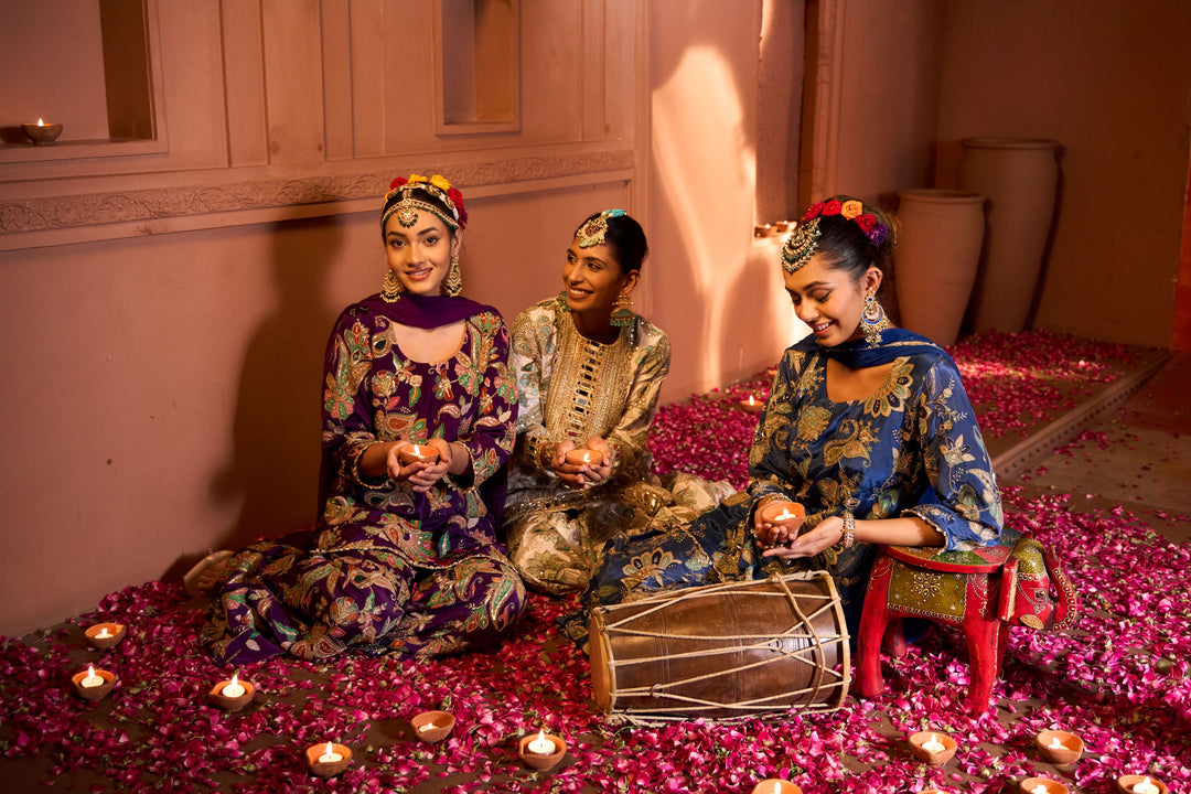 Elizey Paisley Embroidered Sharara Set with Chunni - Ink Blue