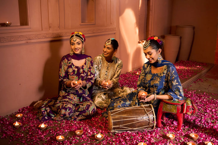 Elizey Paisley Embroidered Sharara Set with Chunni - Ink Blue