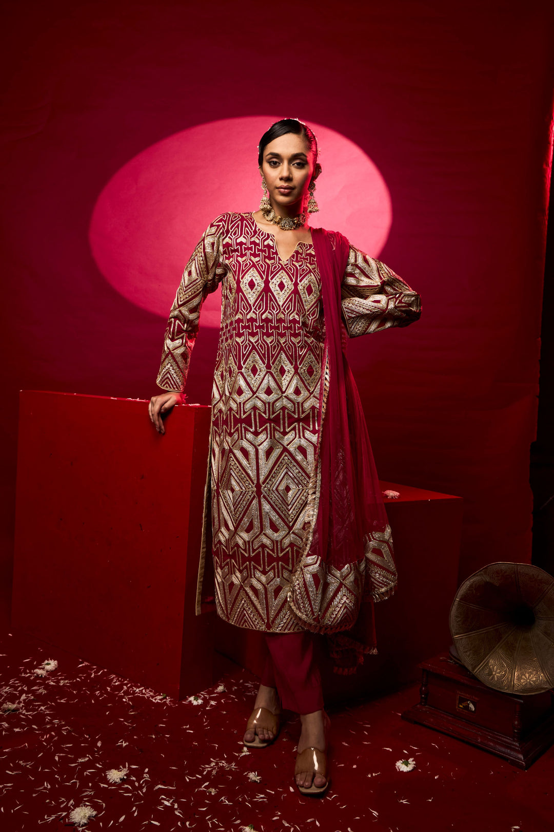 Gulnaaz Gota Kurta Set - Red