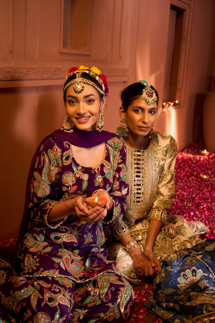 Elizey Paisley Embroidered Sharara Set with Chunni - Purple