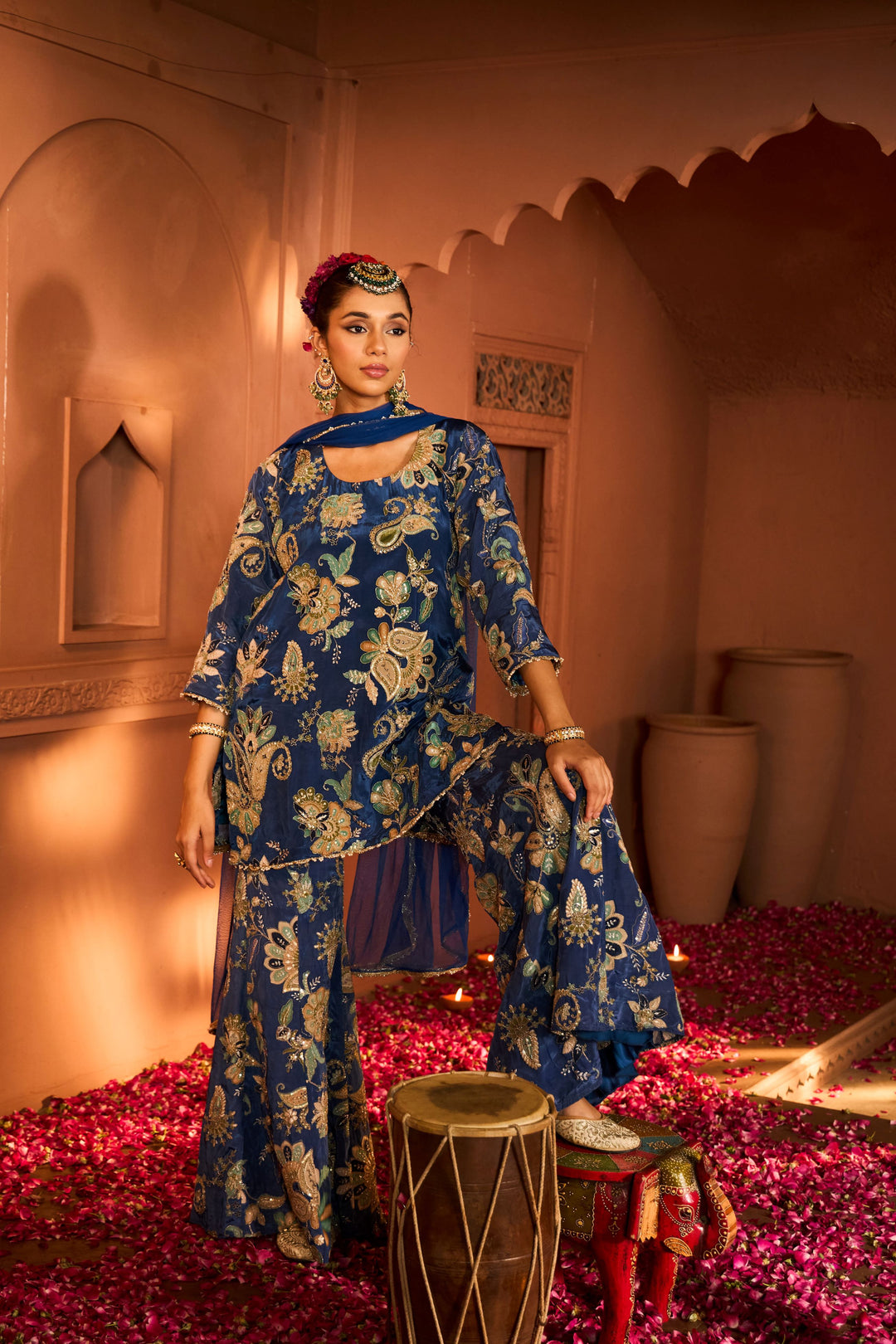 Elizey Paisley Embroidered Sharara Set with Chunni - Ink Blue