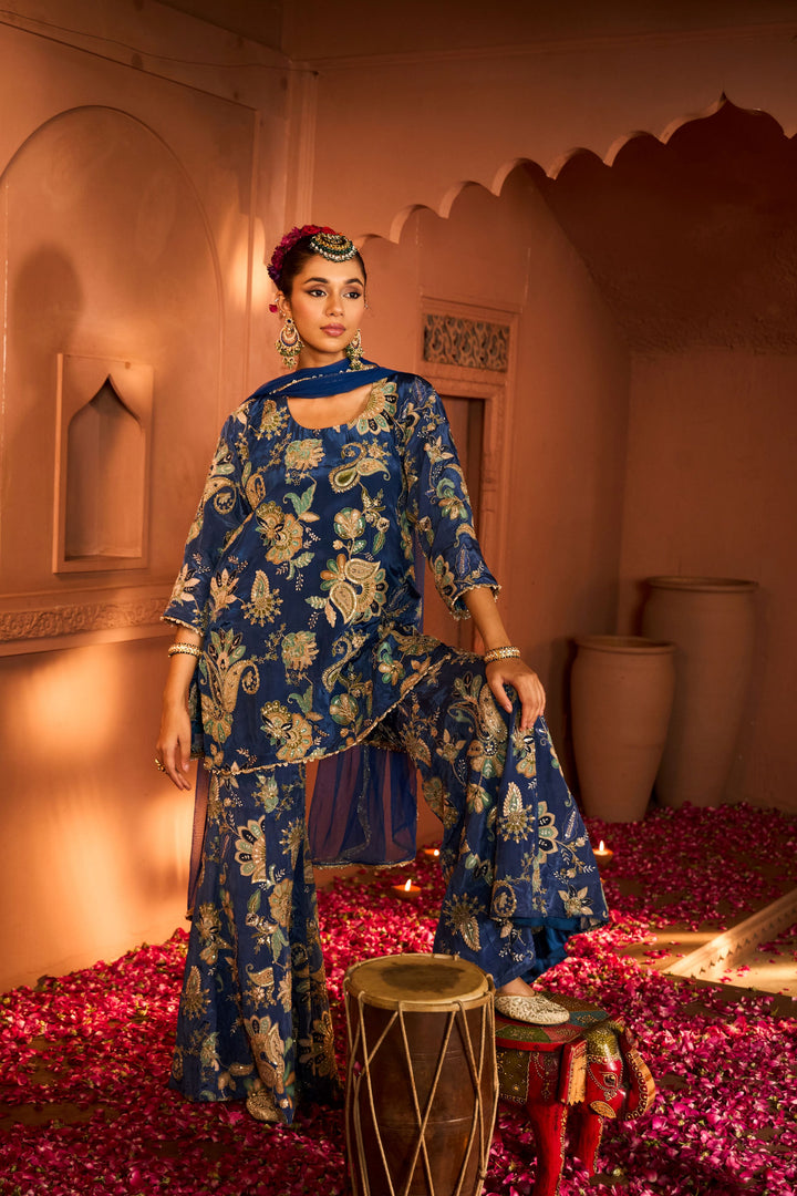 Elizey Paisley Embroidered Sharara Set with Chunni - Ink Blue