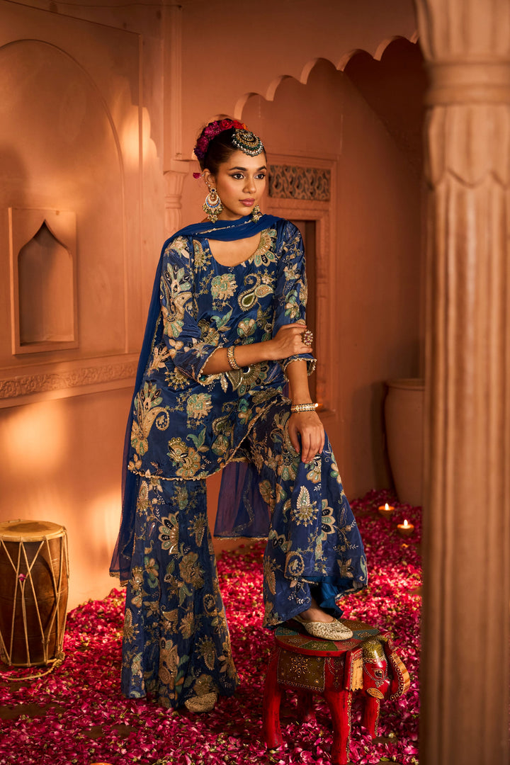 Elizey Paisley Embroidered Sharara Set with Chunni - Ink Blue