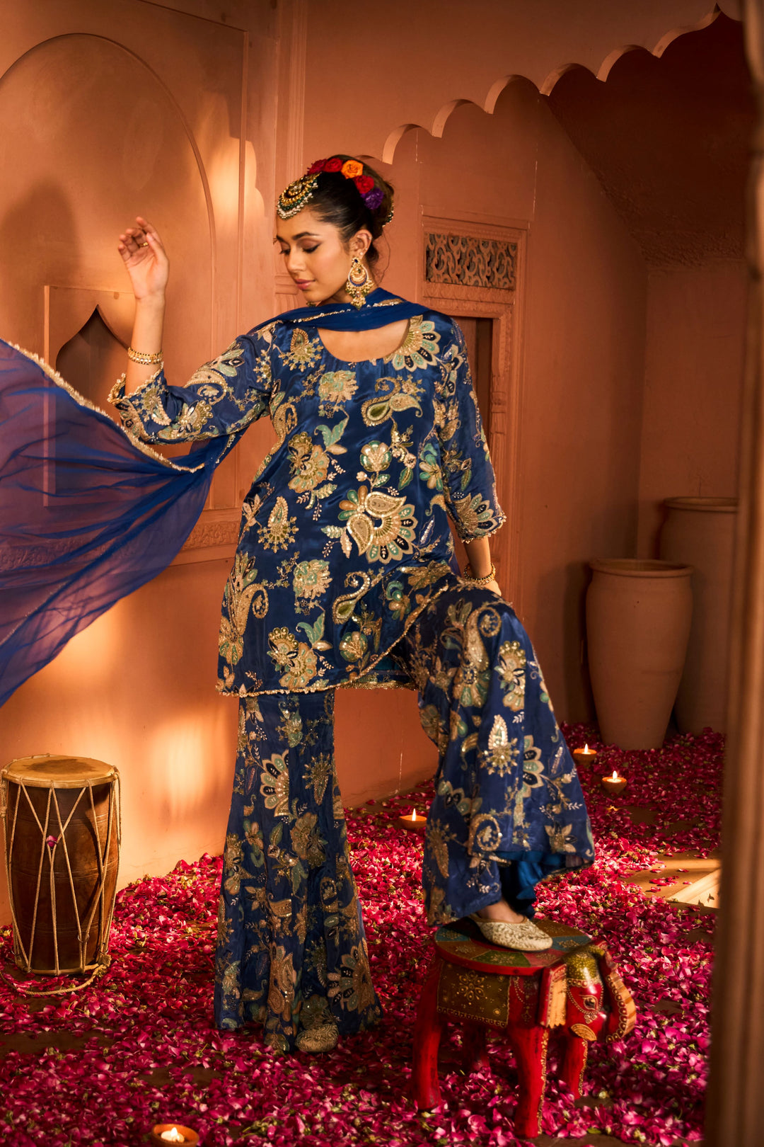 Elizey Paisley Embroidered Sharara Set with Chunni - Ink Blue