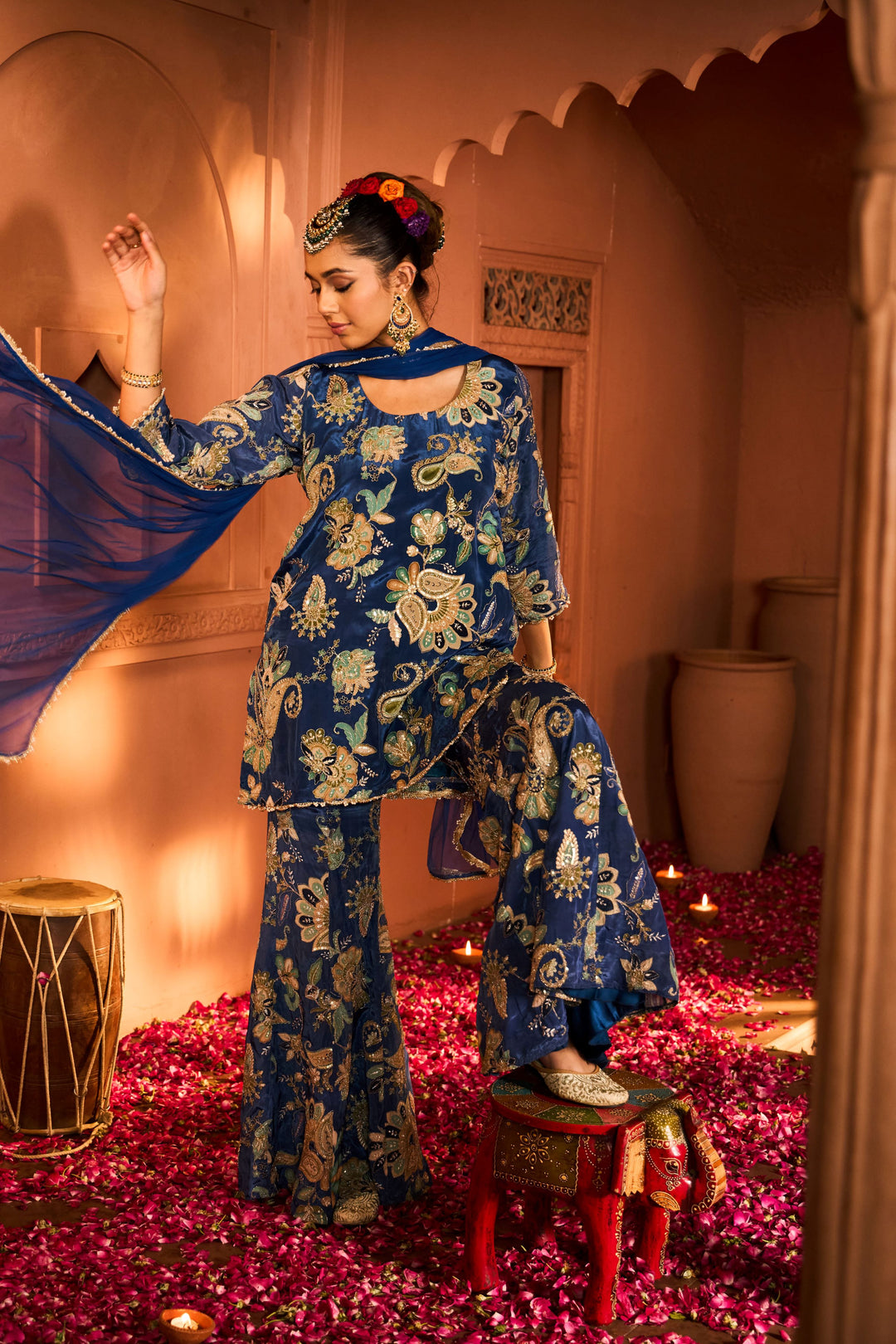 Elizey Paisley Embroidered Sharara Set with Chunni - Ink Blue