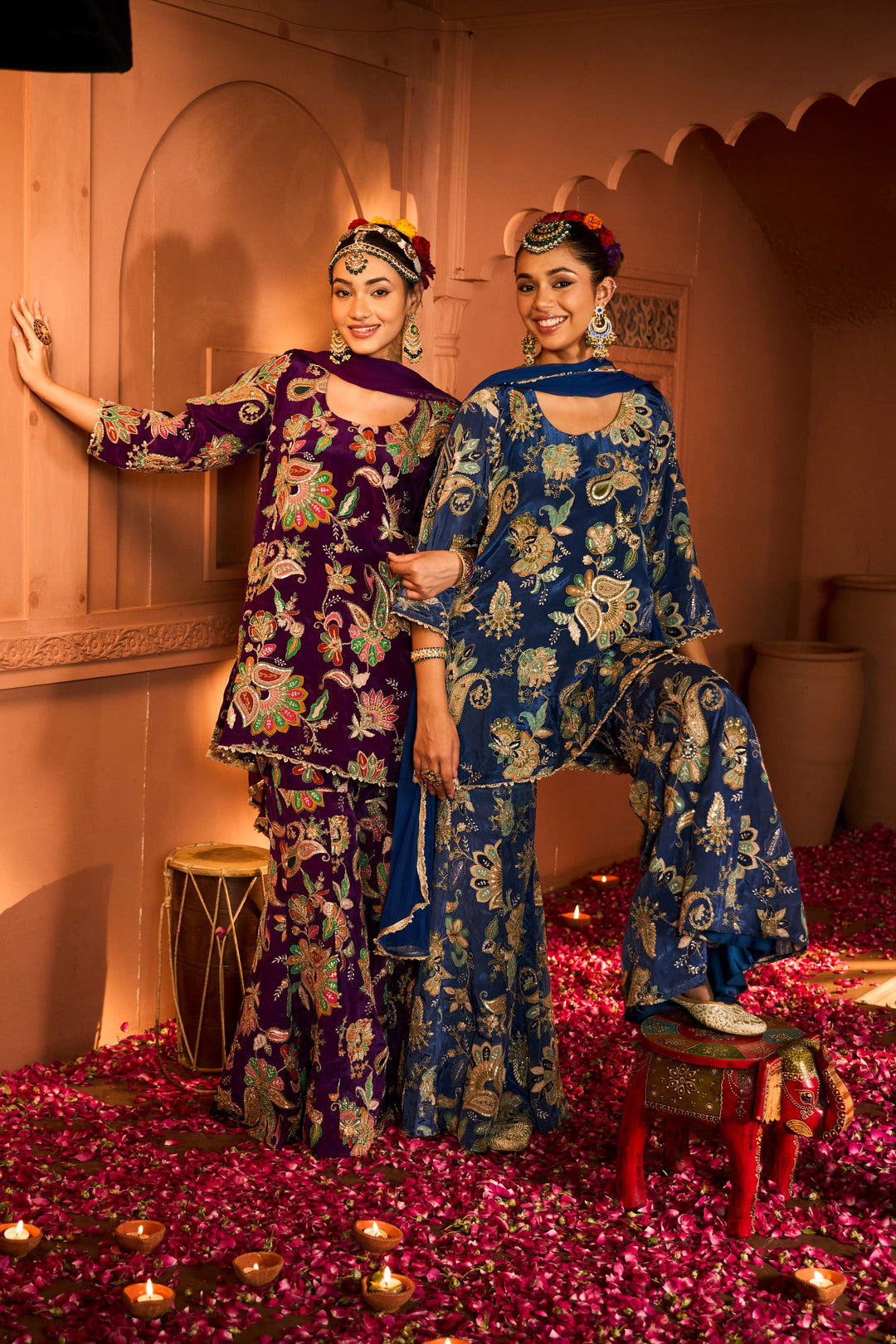 Elizey Paisley Embroidered Sharara Set with Chunni - Ink Blue