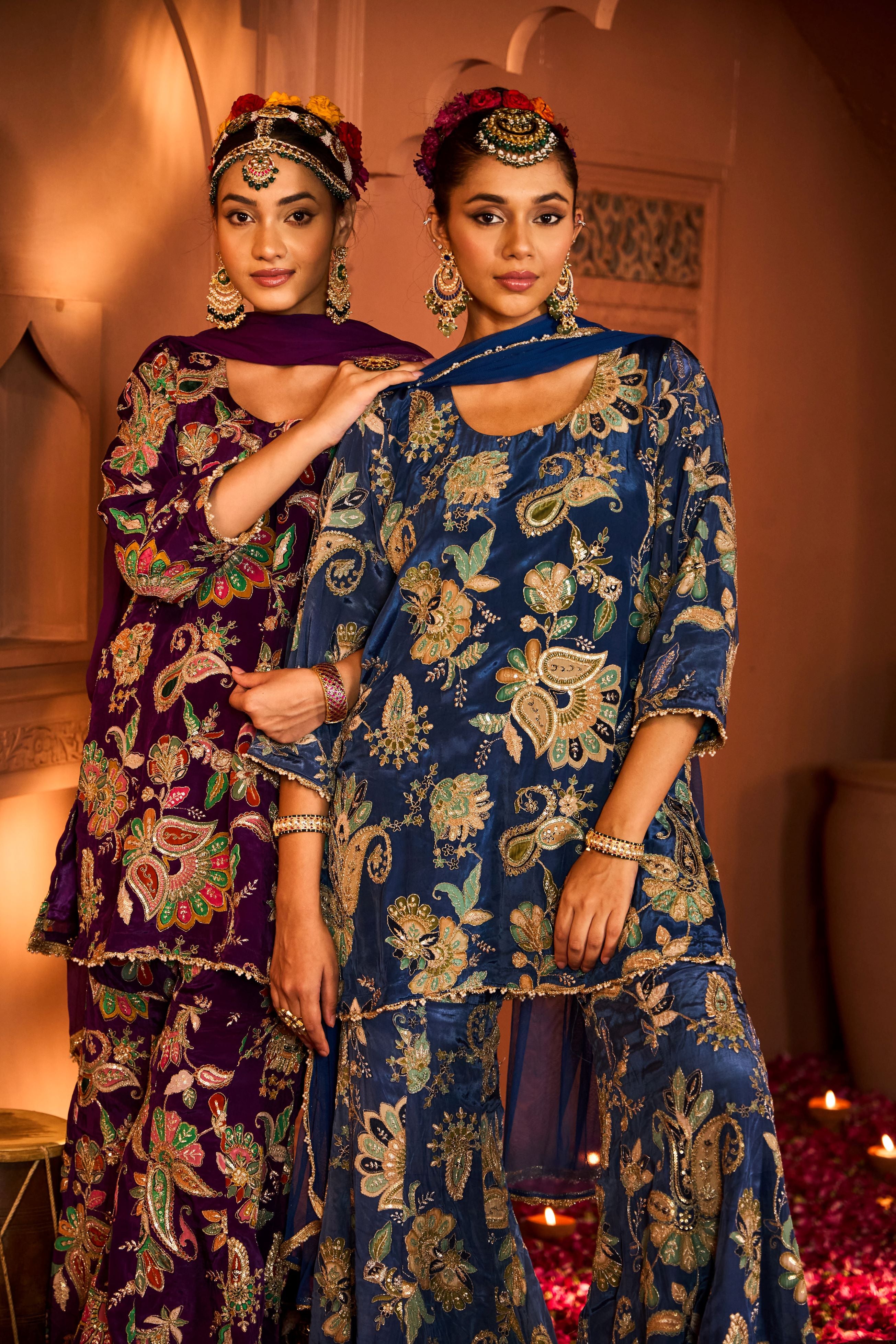 Elizey Paisley Embroidered Sharara Set with Chunni - Ink Blue