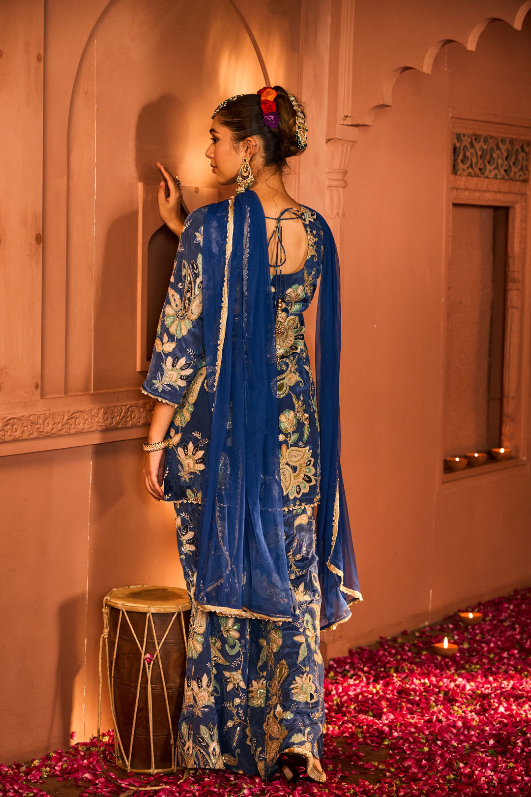 Elizey Paisley Embroidered Sharara Set with Chunni - Ink Blue