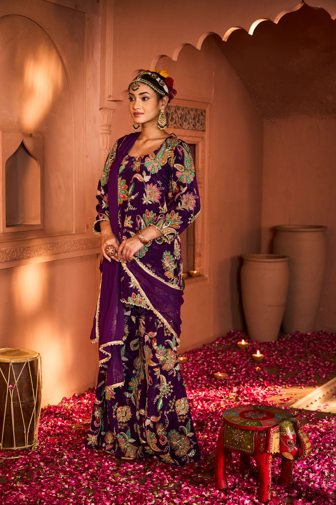 Elizey Paisley Embroidered Sharara Set with Chunni - Purple